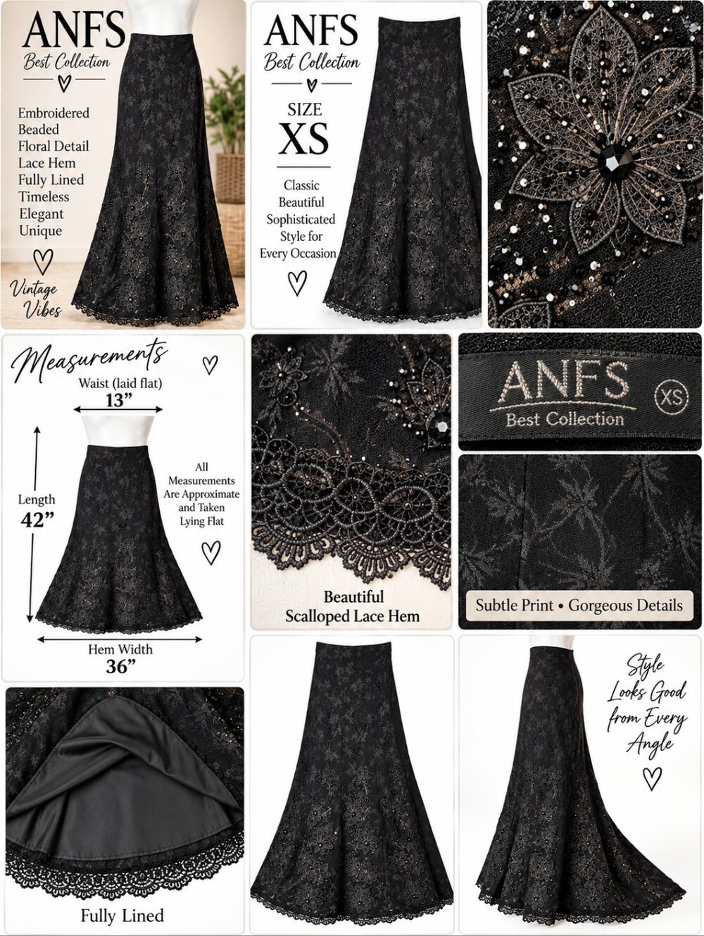 Black Embroidered Lace Hem Flare Skirt - XS